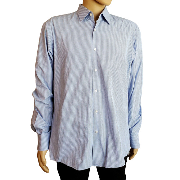 NWOT BRADY US HUGO BOSS MEN'S CHECK REGULAR FIT COLLAR SHIRT BLUE SIZE 17, 36/37 - Picture 1 of 4
